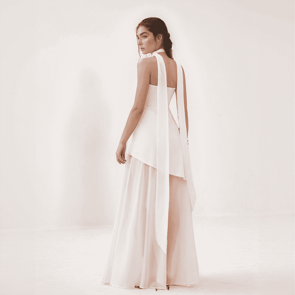 Celesta One-Shoulder Chiffon Gown with Draped Scarf Accent