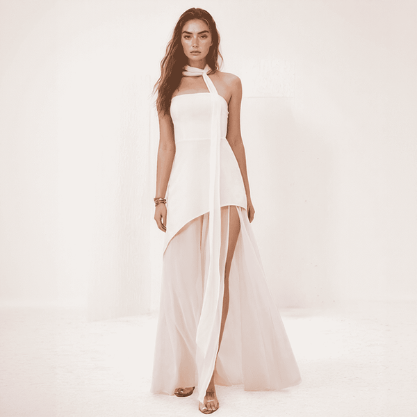 Celesta One-Shoulder Chiffon Gown with Draped Scarf Accent