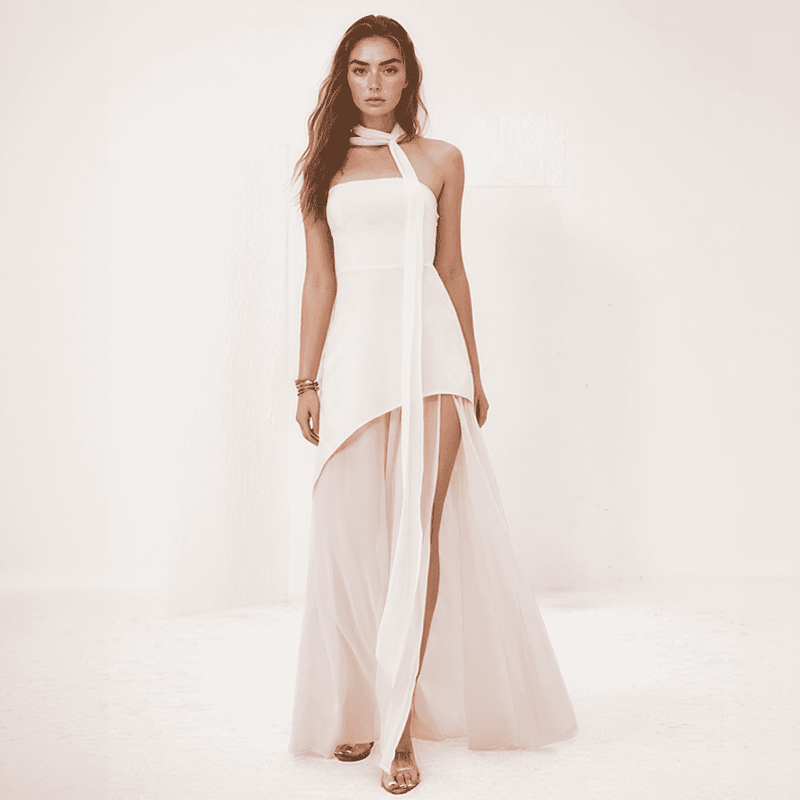 Celesta One-Shoulder Chiffon Gown with Draped Scarf Accent